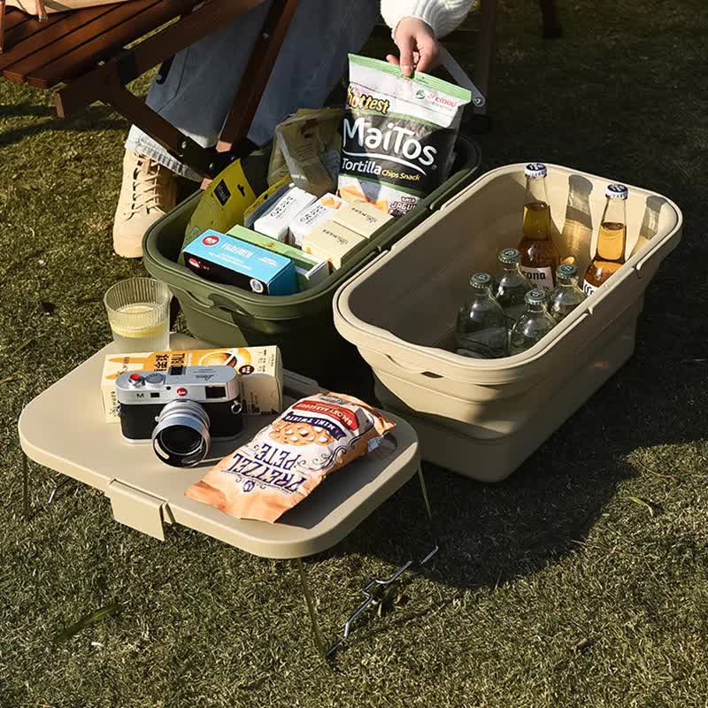 Army Green Foldable Outdoor Picnic Basket with Lid and Tabletop