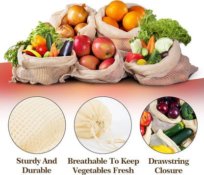 Set of 10 ECOCLAND Reusable Mesh Produce Bags Fruit Grocery Storage Washable Eco Bag