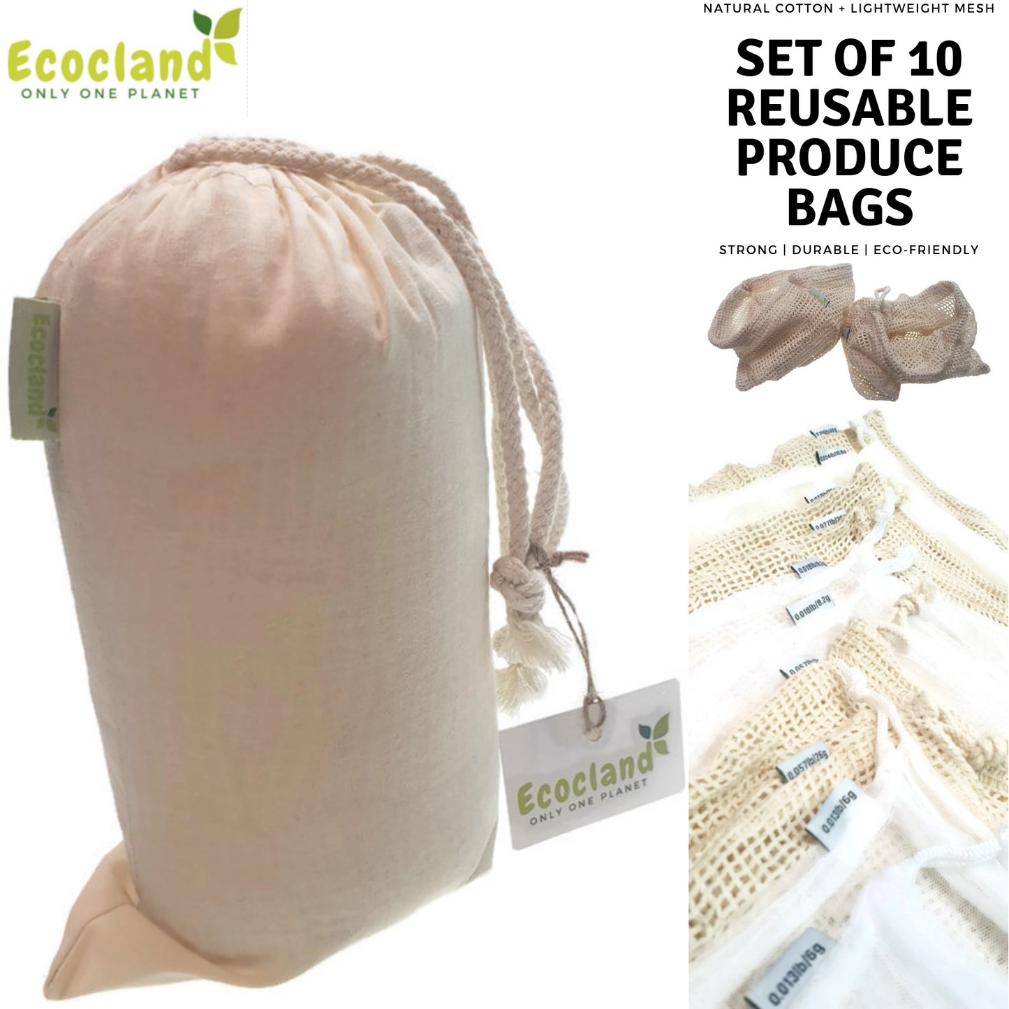 Set of 10 ECOCLAND Reusable Mesh Produce Bags Fruit Grocery Storage Washable Eco Bag