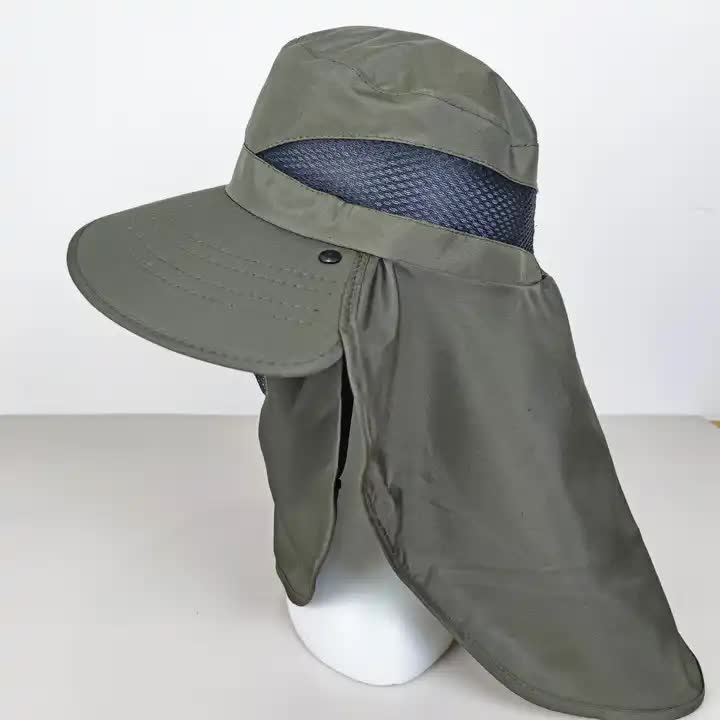 Military Green Outdoor UV Protection Hat for Men - Detachable Face & Neck Shield, Large Brim Sun Hat for Fishing, Hiking, and Outdoor Activities