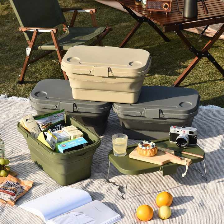 Ivory Foldable Outdoor Picnic Basket with Lid and Tabletop, Camping Storage Box, Car-Friendly Organizer