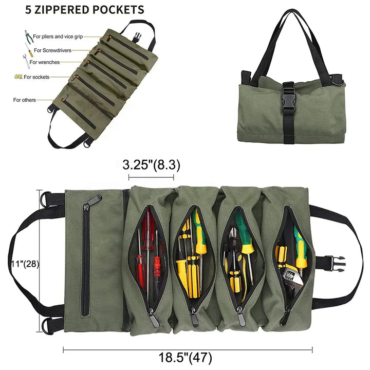 Black 5-Pocket Roll-Up Tool Bag Organizer