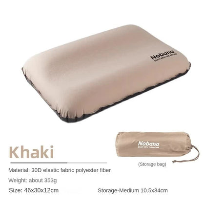 Khaki Automatic Inflatable 3D Outdoor Sponge Pillow - Portable Camping Travel Neck Cushion, Comfortable Air Mattress for Tent, Versatile Nap Pillow