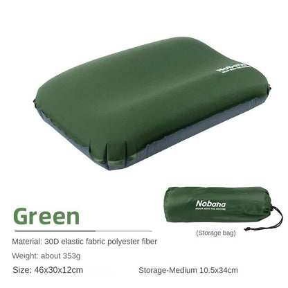 Dark Green Automatic Inflatable 3D Outdoor Sponge Pillow - Portable Camping Travel Neck Cushion, Comfortable Air Mattress for Tent, Versatile Nap Pillow