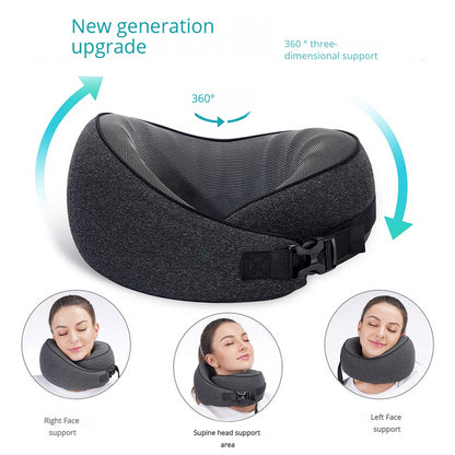 Black Buckle Tape Memory Foam U-Shaped Neck Pillow - Snail Travel Cushion for Airplane, Office Nap, and Travel - Adjustable with Magnetic Therapy Cloth