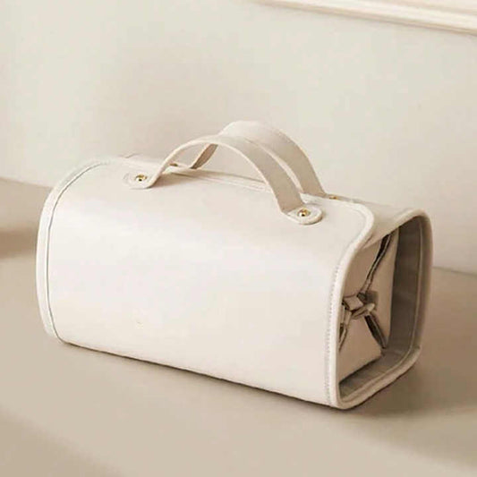 Beige Elegant Cosmetic Bag with Handle - Stylish and Compact for Travel and Storage