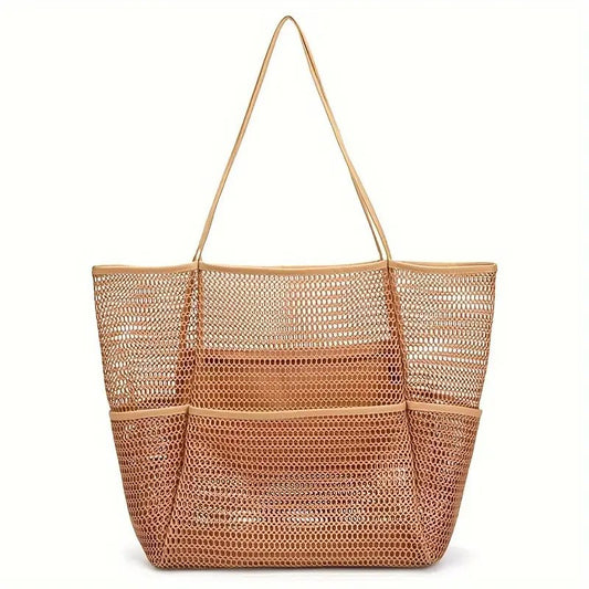 Brown Double Layer Mesh Beach Bag - Large Capacity