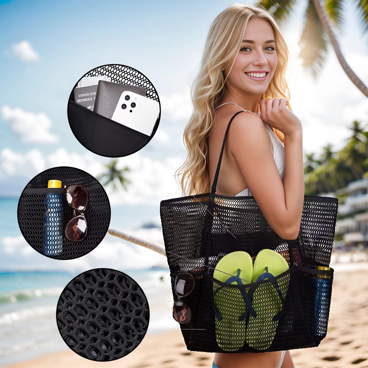 Brown Double Layer Mesh Beach Bag - Large Capacity