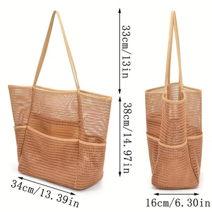 Brown Double Layer Mesh Beach Bag - Large Capacity