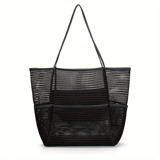 Black Double Layer Mesh Beach Bag - Large Capacity