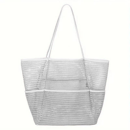 Grey Double Layer Mesh Beach Bag - Large Capacity