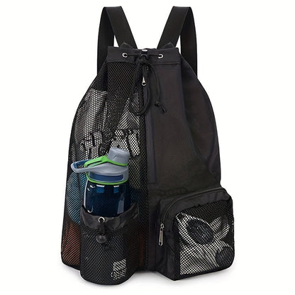 Black Mesh Drawstring Swim Backpack with Wet Bag - Durable Beach Gym Bag for Wet Gear