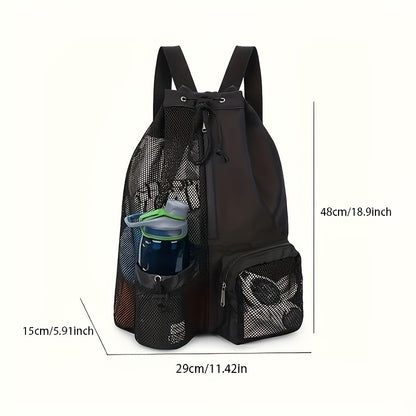 Black Mesh Drawstring Swim Backpack with Wet Bag - Durable Beach Gym Bag for Wet Gear