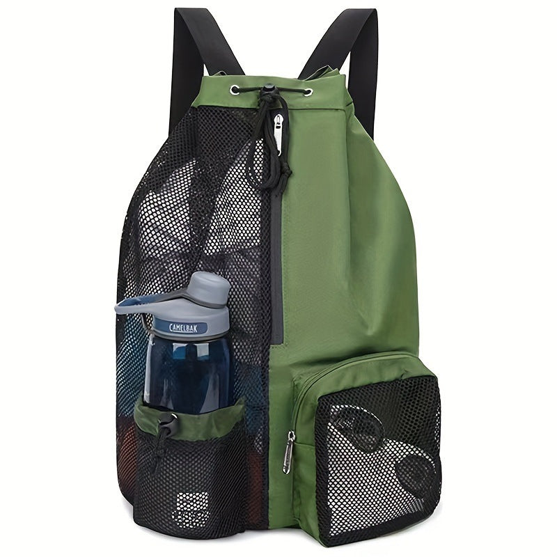 Green Mesh Drawstring Swim Backpack with Wet Bag - Durable Beach Gym Bag for Wet Gear