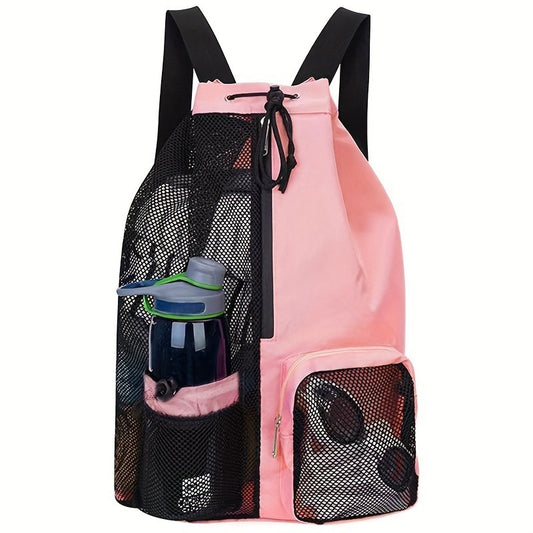 Pink Mesh Drawstring Swim Backpack with Wet Bag - Durable Beach Gym Bag for Wet Gear